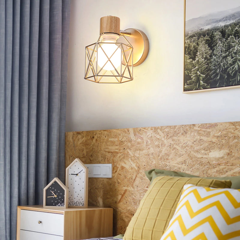 applique murale led moderne en bois avec cage en fer
