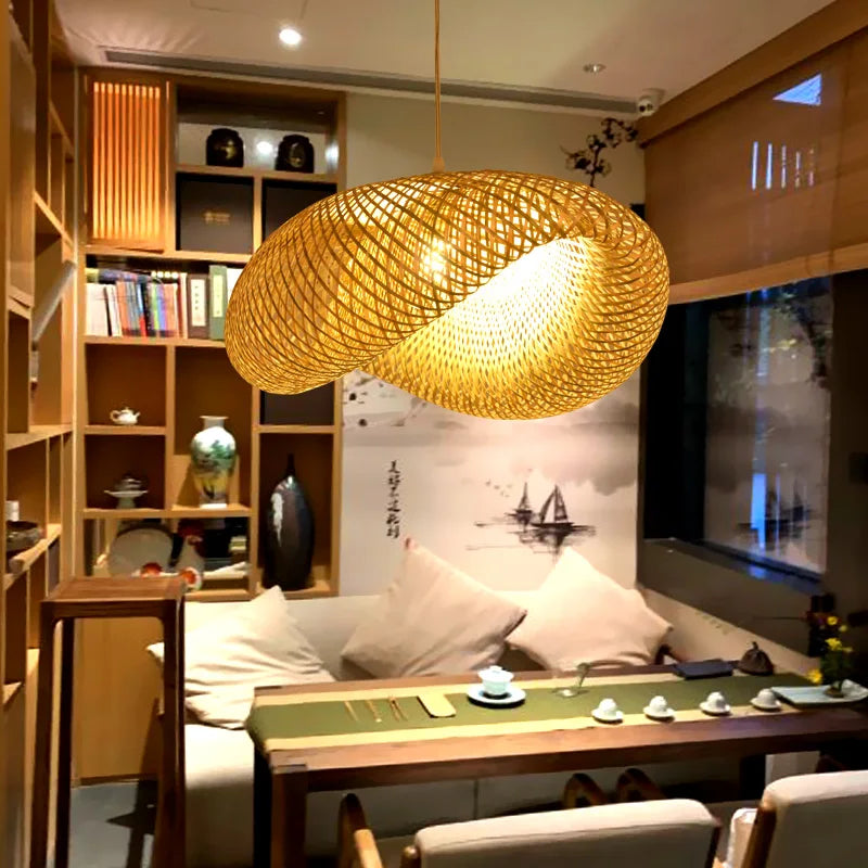suspension vintage en bambou et rotin faite main style japonais