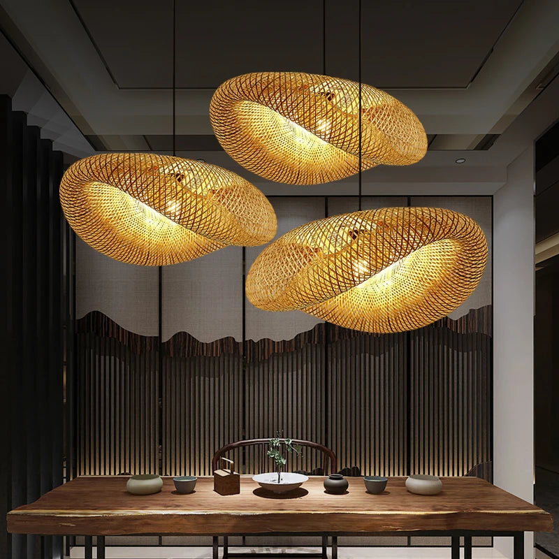 suspension vintage en bambou et rotin faite main style japonais