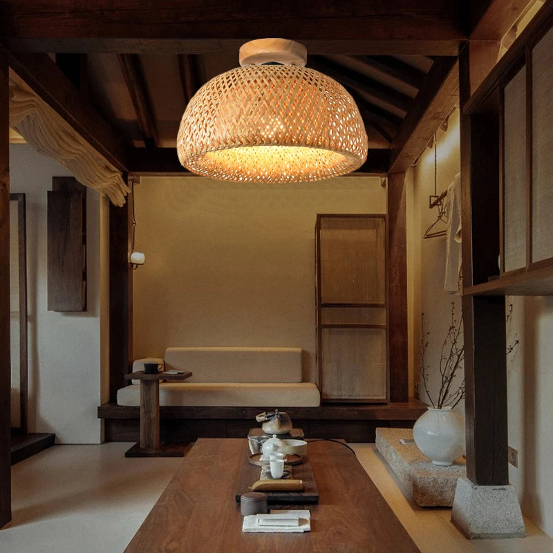 plafonnier rétro style chinois fait main tissage bambou créatif