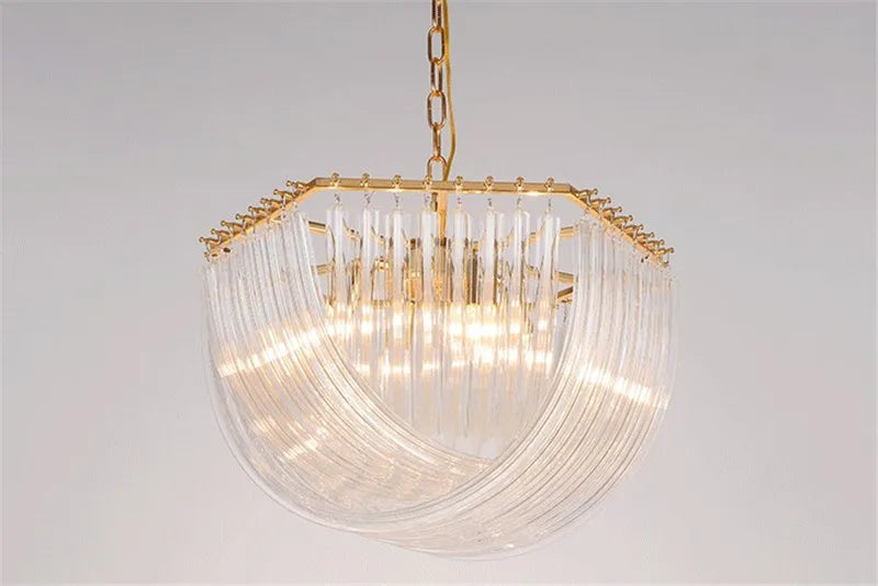 lustre suspendu en tube de verre courbé en métal doré moderne