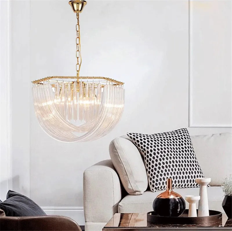 lustre suspendu en tube de verre courbé en métal doré moderne