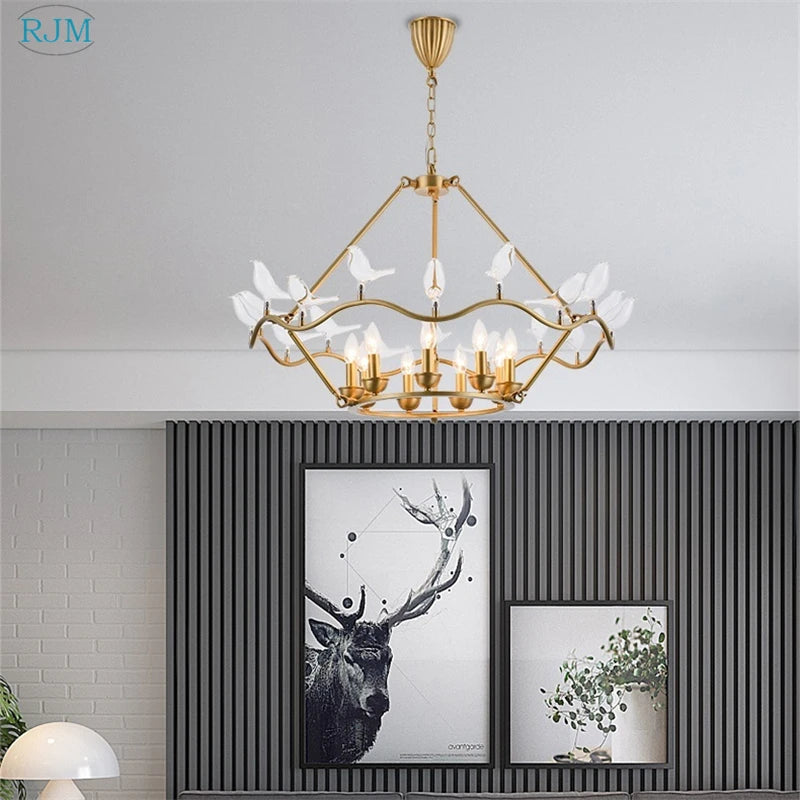 lustre nordique postmoderne en cuivre avec design d'oiseau créatif