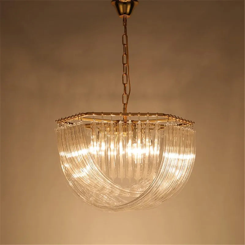 lustre suspendu en tube de verre courbé en métal doré moderne