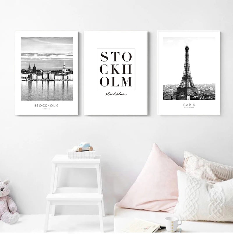 affiches modernes en noir et blanc des villes du monde