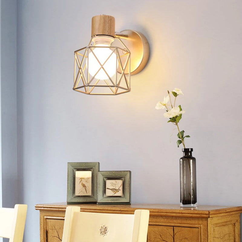 applique murale led moderne en bois avec cage en fer