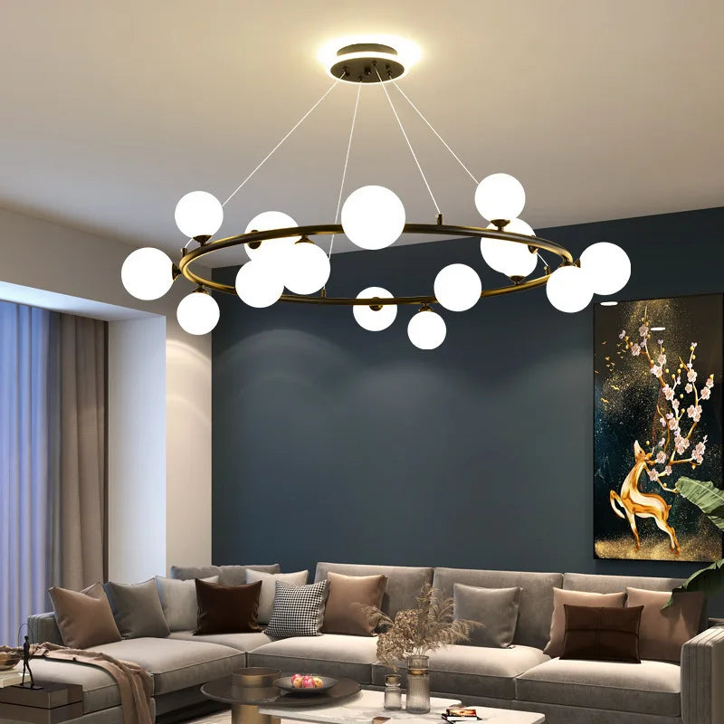 lustre moderne en verre avec anneau mat et fil réglable