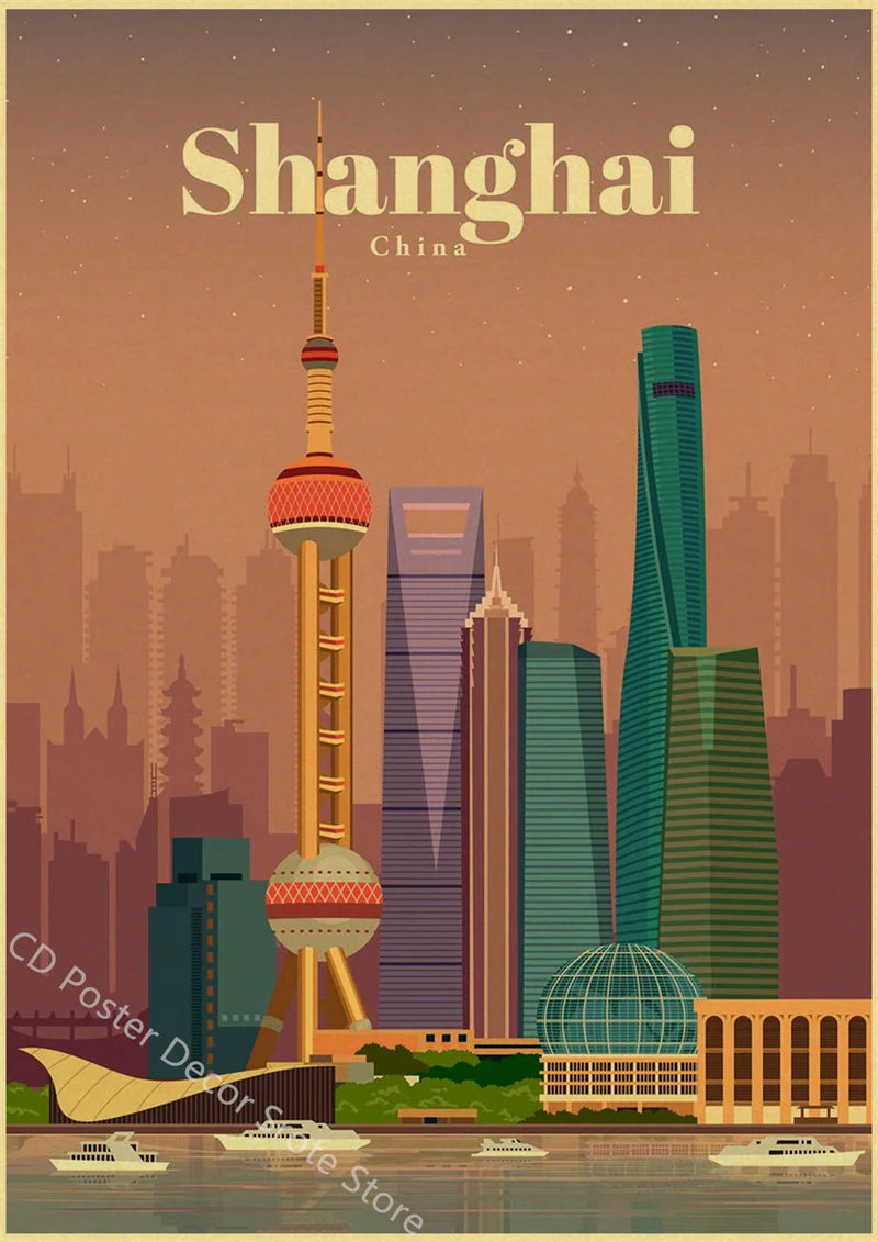 affiche rétro des villes du monde pour décoration murale