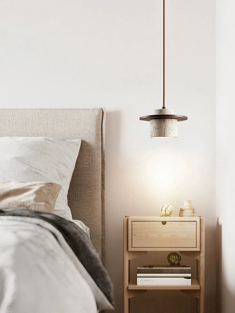 Suspension style japonais led vintage en pierre et bois