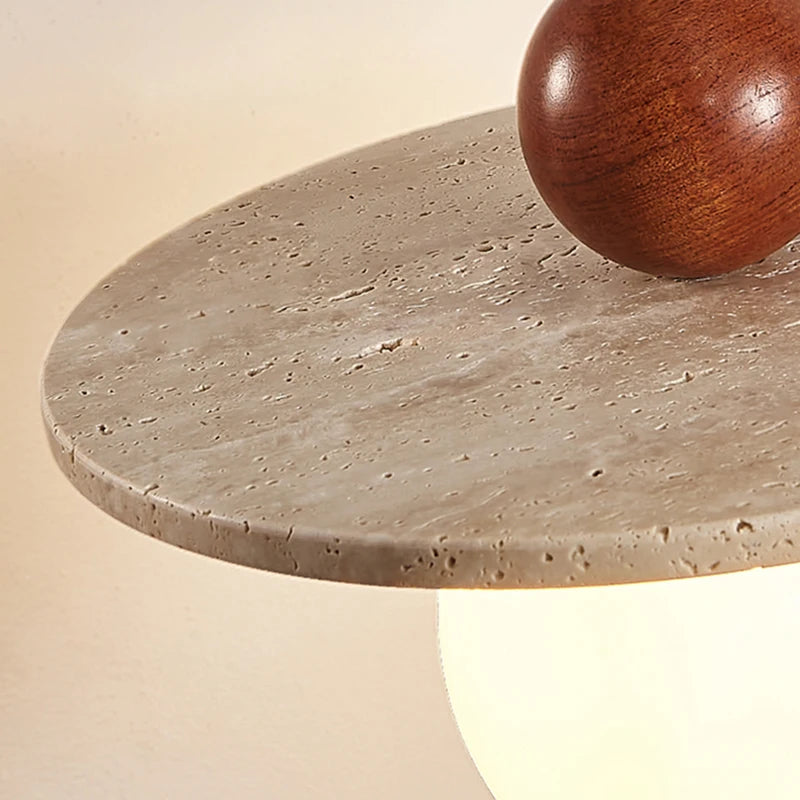 lustre rond en pierre et bois avec cordon réglable pour