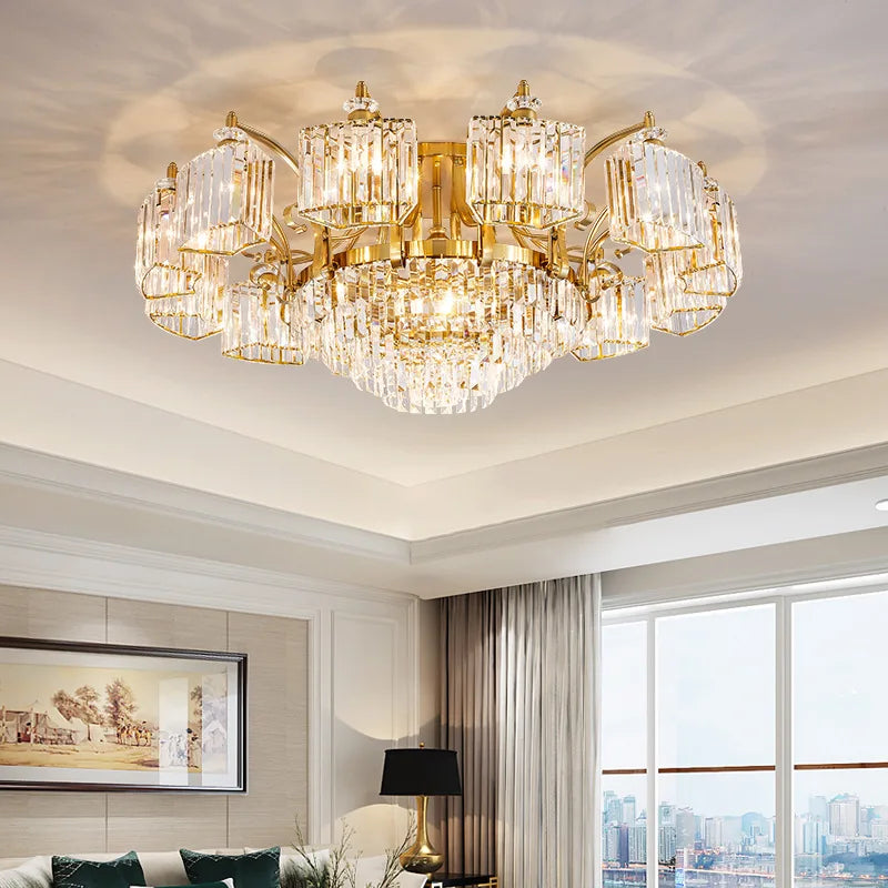 plafonnier moderne en cristal doré avec éclairage led trois couleurs