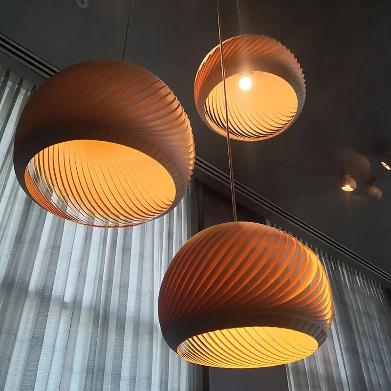 Suspension LED demi boule en bois simple