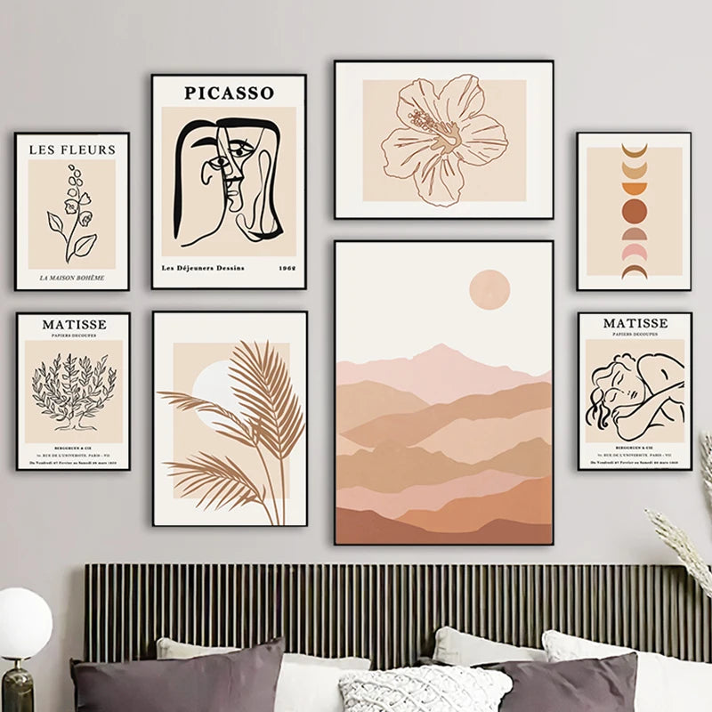 art mural boho abstrait feuilles lune et fleurs décorations murales