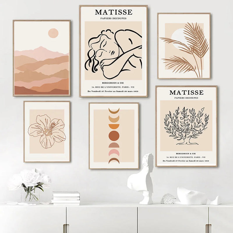 art mural abstrait boho feuillage lune et fleurs décorations murales