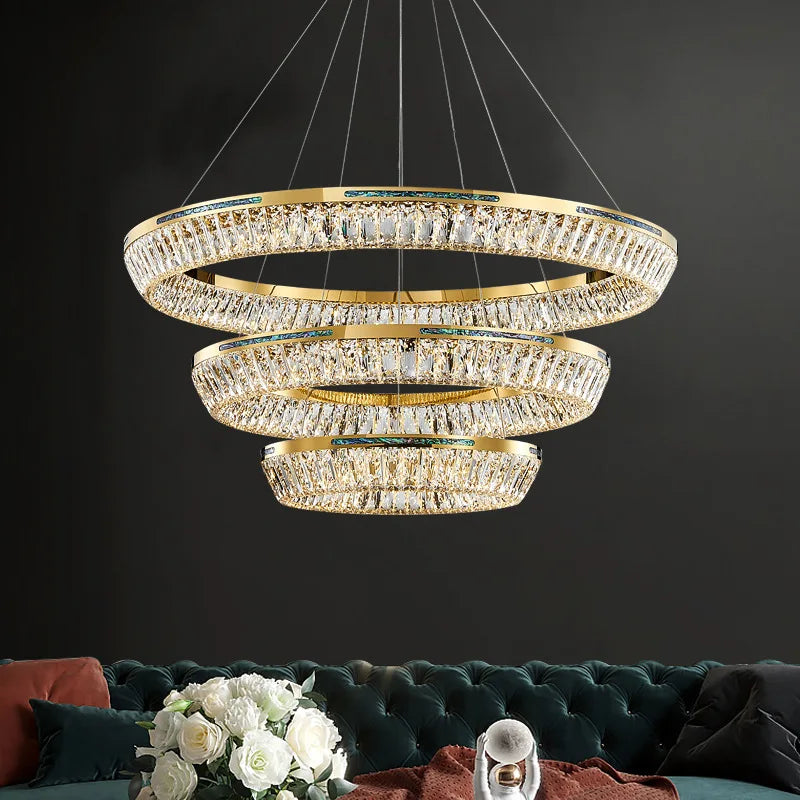 lustre moderne en cristal et cuivre trois couches éclairage intérieur