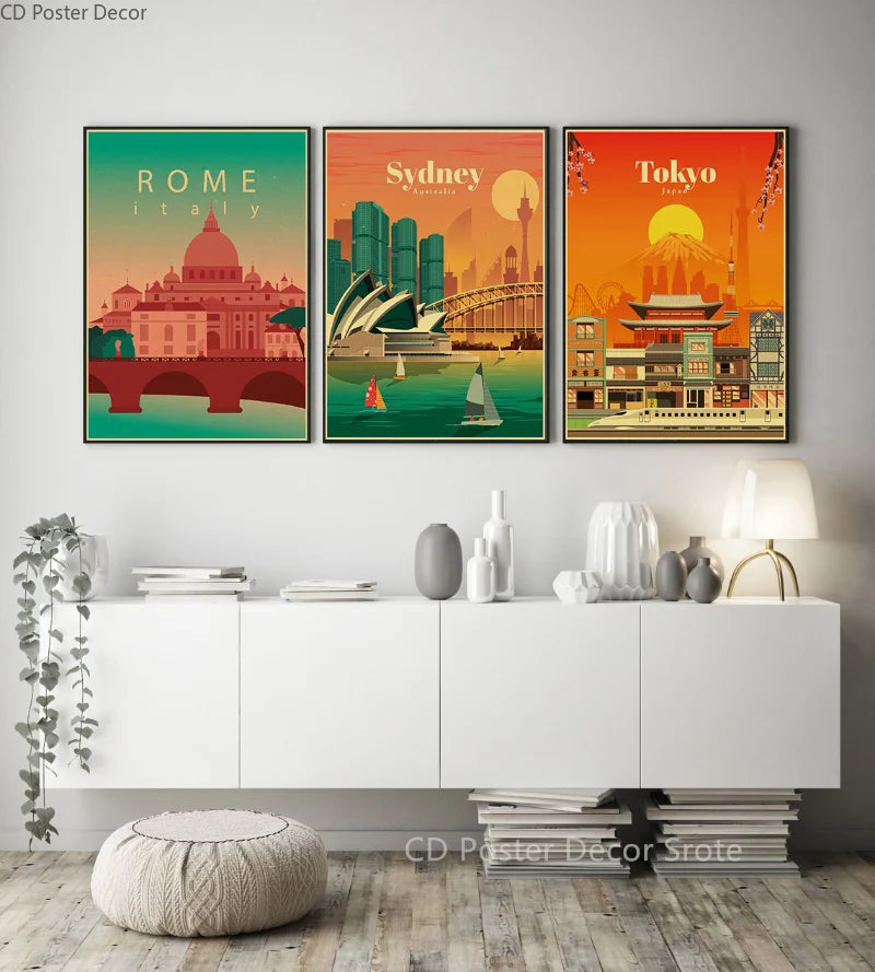affiche vintage des monuments emblématiques du monde
