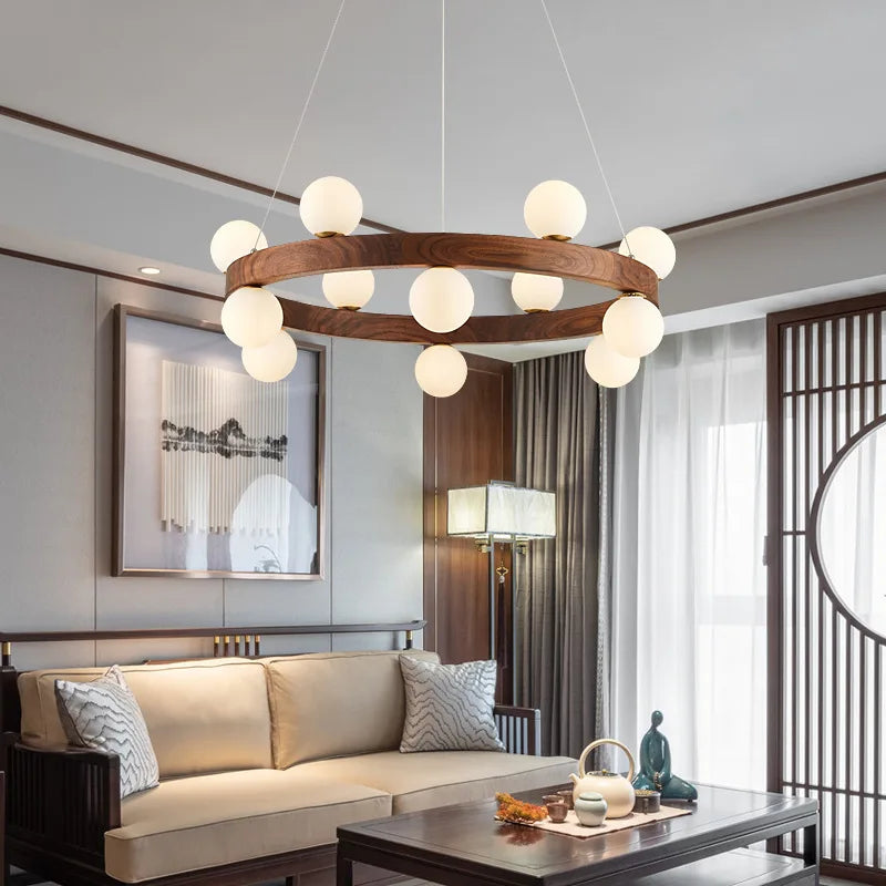 Nordique rond en bois anneau lustres salon rondin suspension lampe salle à manger cuisine chambre japonais créatif noyer suspension lumières