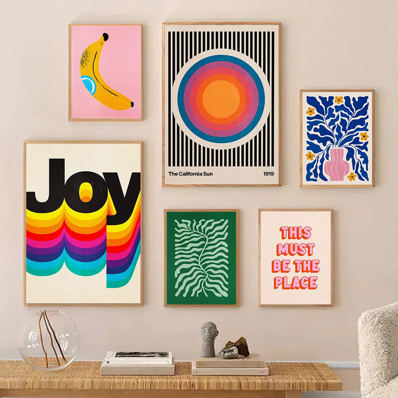 affiches rétro de fleurs colorées et chien drôle pour décoration murale