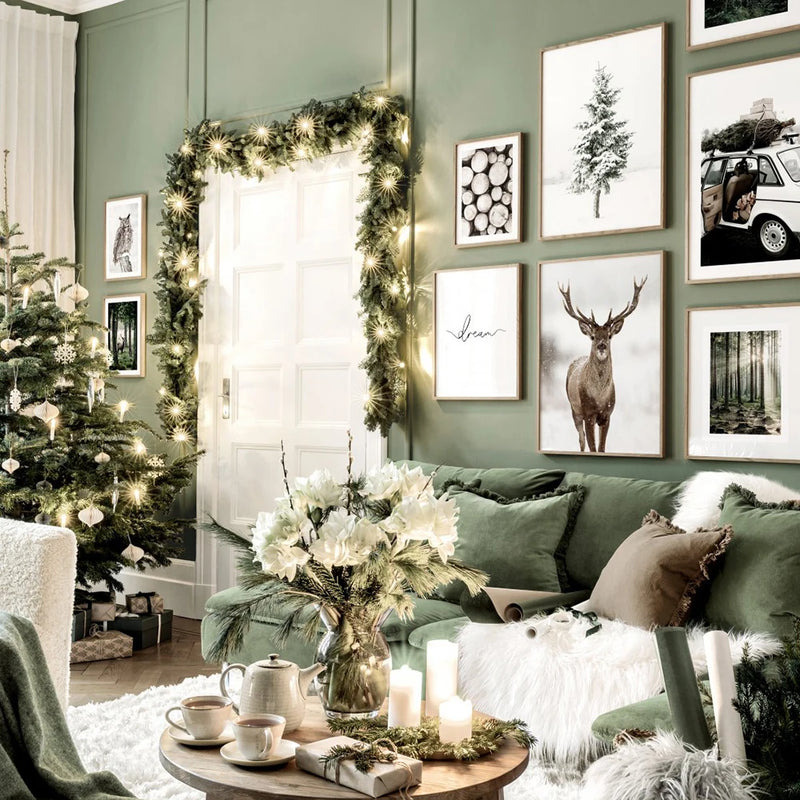 peinture nordique forêt cerf hibou paysage lumineux hiver