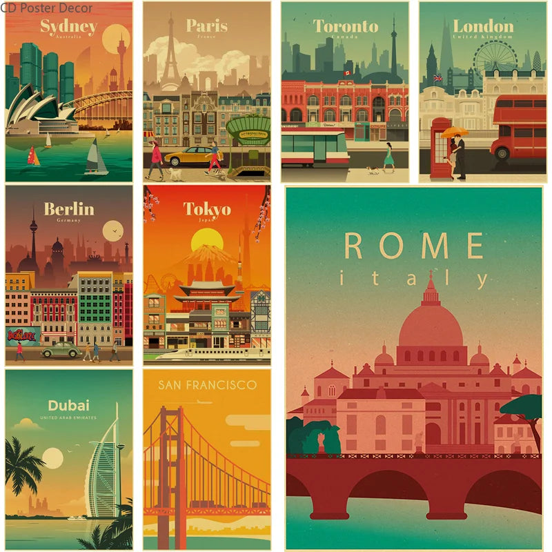 affiche vintage des villes du monde art mural