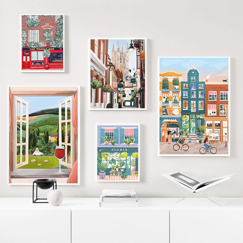 aquarelle art mural ville côtière avec vue sur rue commerciale