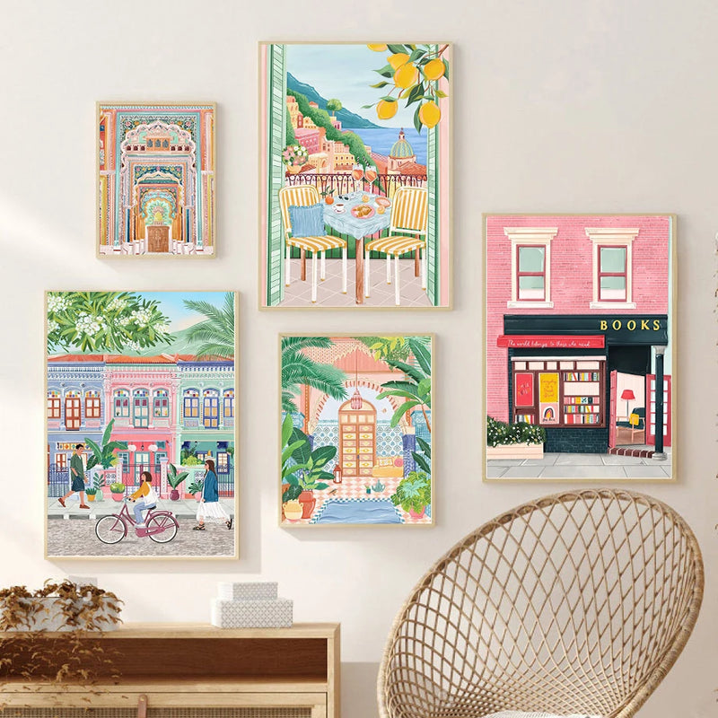 art mural rétro d'une ville côtière en voyage