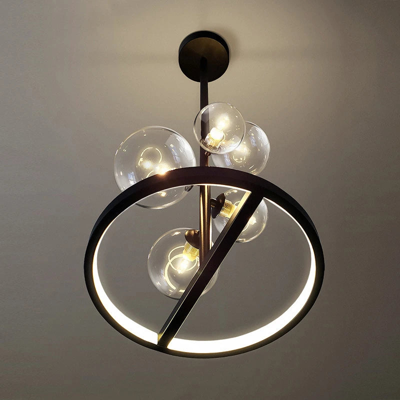 lustre moderne en verre transparent avec bulles en métal
