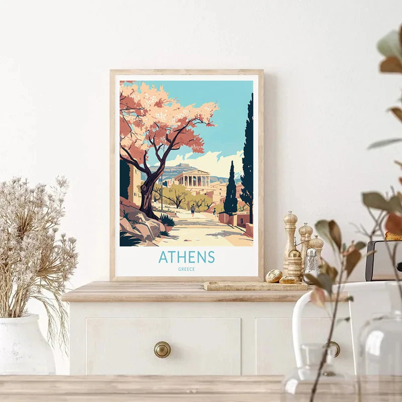 affiche rétro de voyage avec château et île de santorin