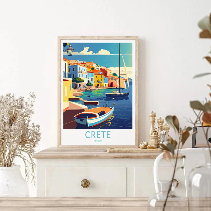 affiche rétro de voyage château et île de santorin décor mural
