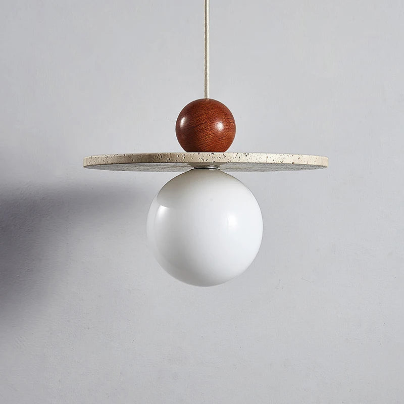 lustre rond en pierre et bois avec cordon réglable pour