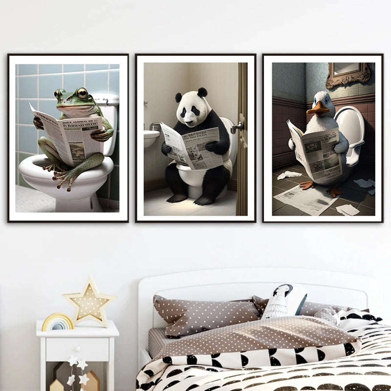 décoration murale humoristique animaux lisant le journal toilettes
