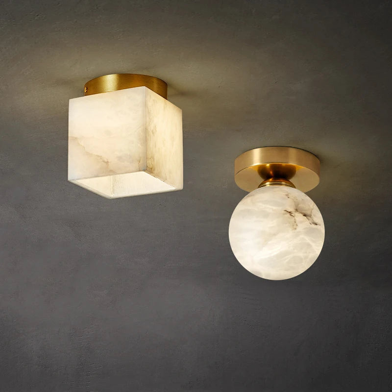 Plafonnier Boule de marbre lumière d'entrée Led luxe en laiton doré petit carré toilettes chambre balcon allée Luminaire