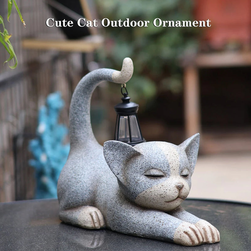 statue de jardin chat avec lanterne solaire décorative pour extérieur
