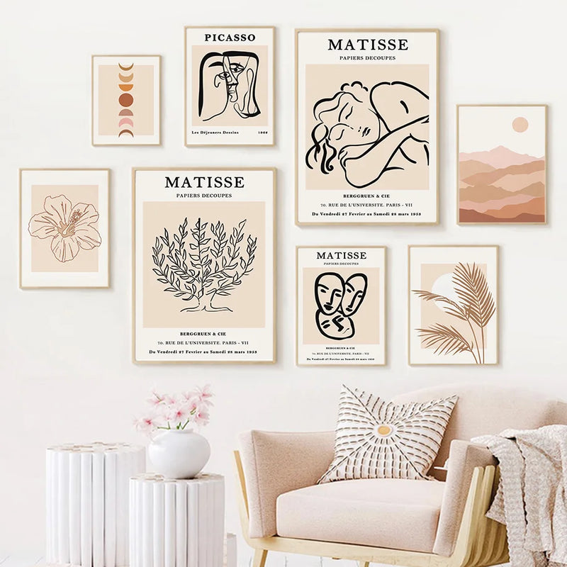 art mural abstrait boho feuilles lune et fleurs pour décoration