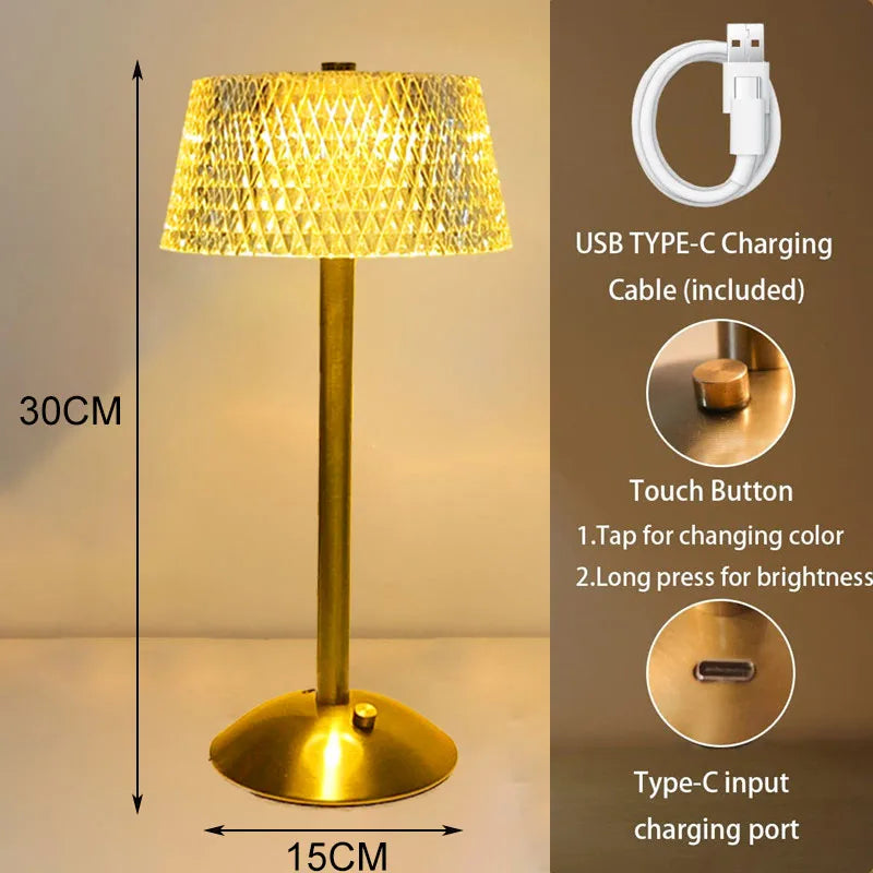 Lampes de table en cristal diamant rétro barre de LED lampe de bureau USB rechargeable protection des yeux veilleuse pour chambre hôtel bureau mariage