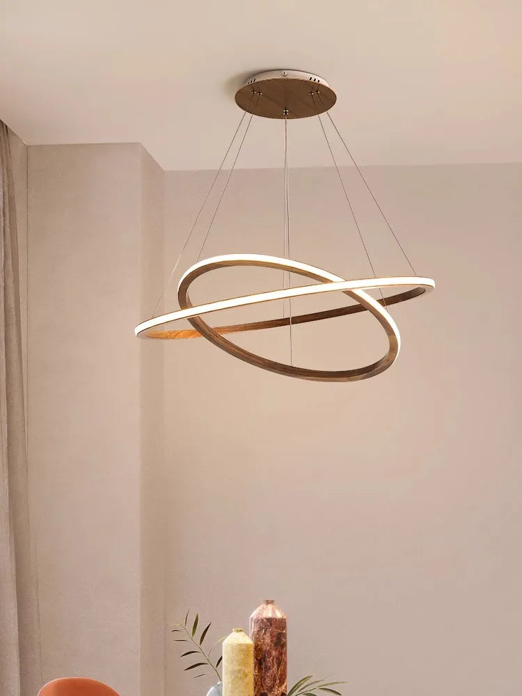 lustre moderne en bois led avec anneau en noyer rétro