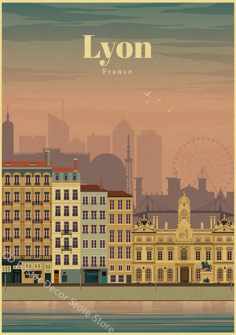 affiche rétro des villes du monde pour décoration murale