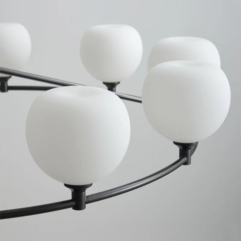 lustre réglable en hauteur avec anneaux en cuivre et verre blanc