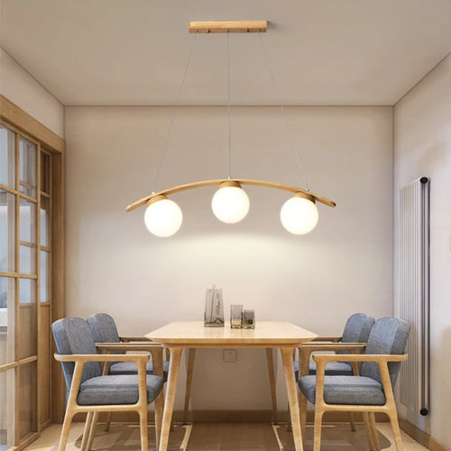 suspension en bois moderne avec boule de verre et éclairage led