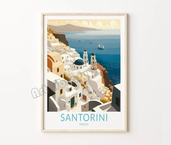 affiche rétro de voyage château et île de santorin art mural décoratif