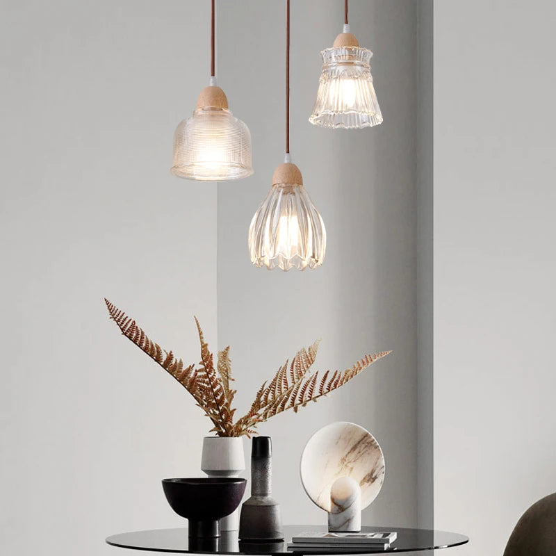 Lampe de chevet verre bois LED E27 Suspension