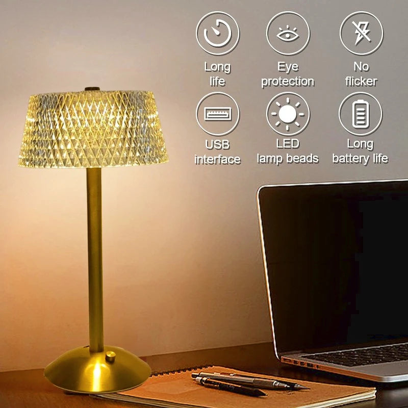 Lampes de table en cristal diamant rétro barre de LED lampe de bureau USB rechargeable protection des yeux veilleuse pour chambre hôtel bureau mariage