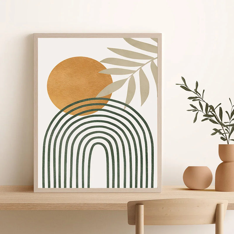 art mural abstrait boho avec soleil lune et fleurs