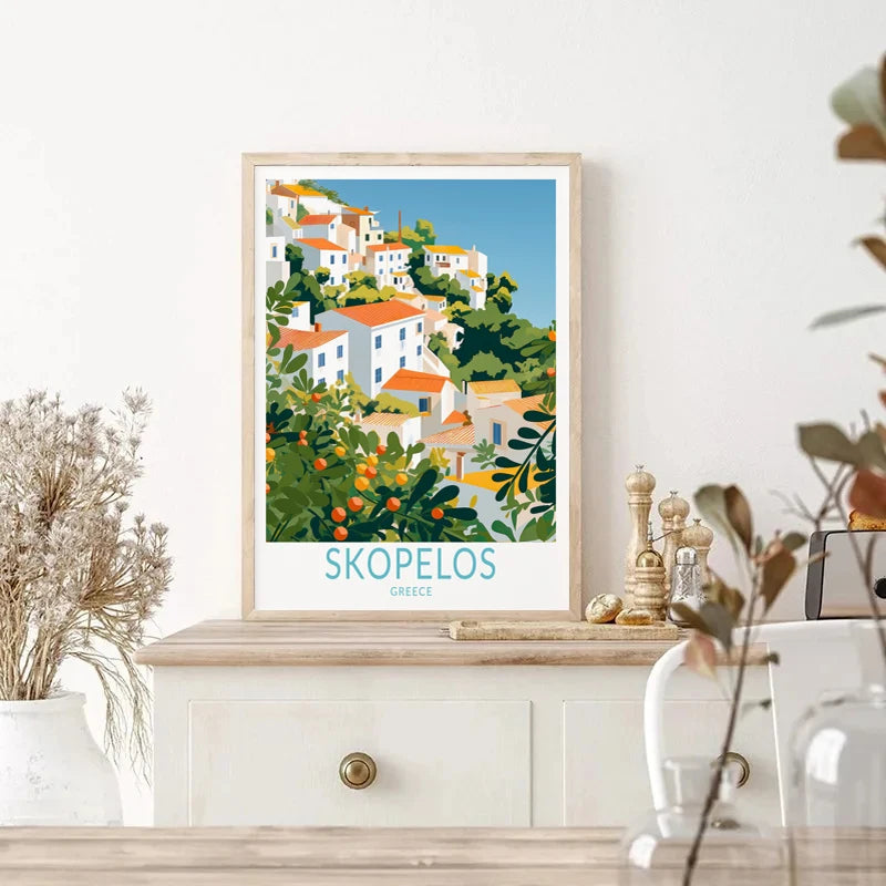 affiche rétro de voyage avec château et île de santorin en grèce