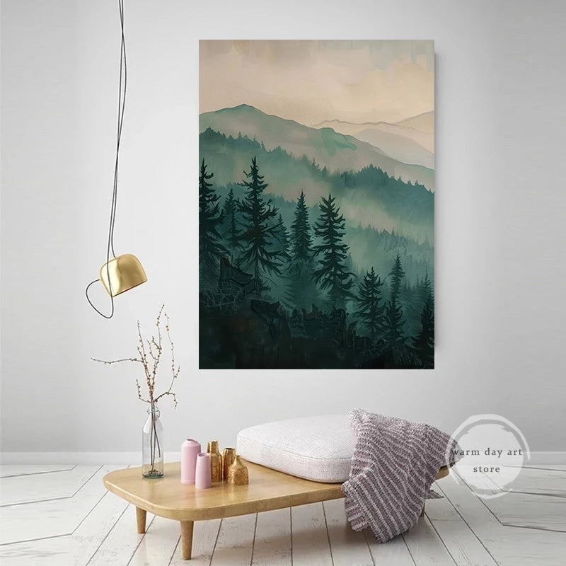 affiche aquarelle paysage de forêt de pins décor mural naturel