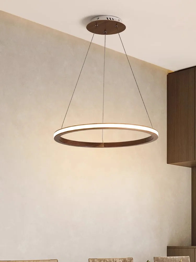 lustre moderne en bois led avec anneau en noyer rétro