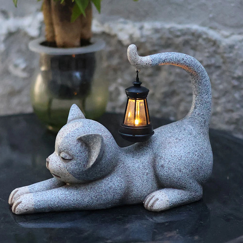 statue de jardin chat avec lanterne solaire décorative pour extérieur