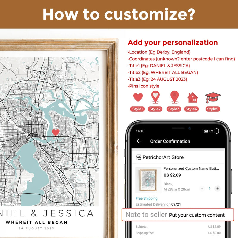 carte de ville personnalisée cadeau de saint-valentin pour lui