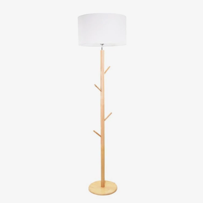Lampadaire avec abat-jour en tissu et pied en bois à branches