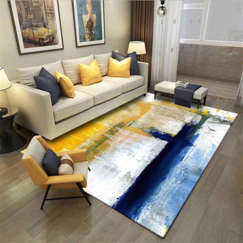 Tapis rectangle au style abstrait jaune et bleu Oil